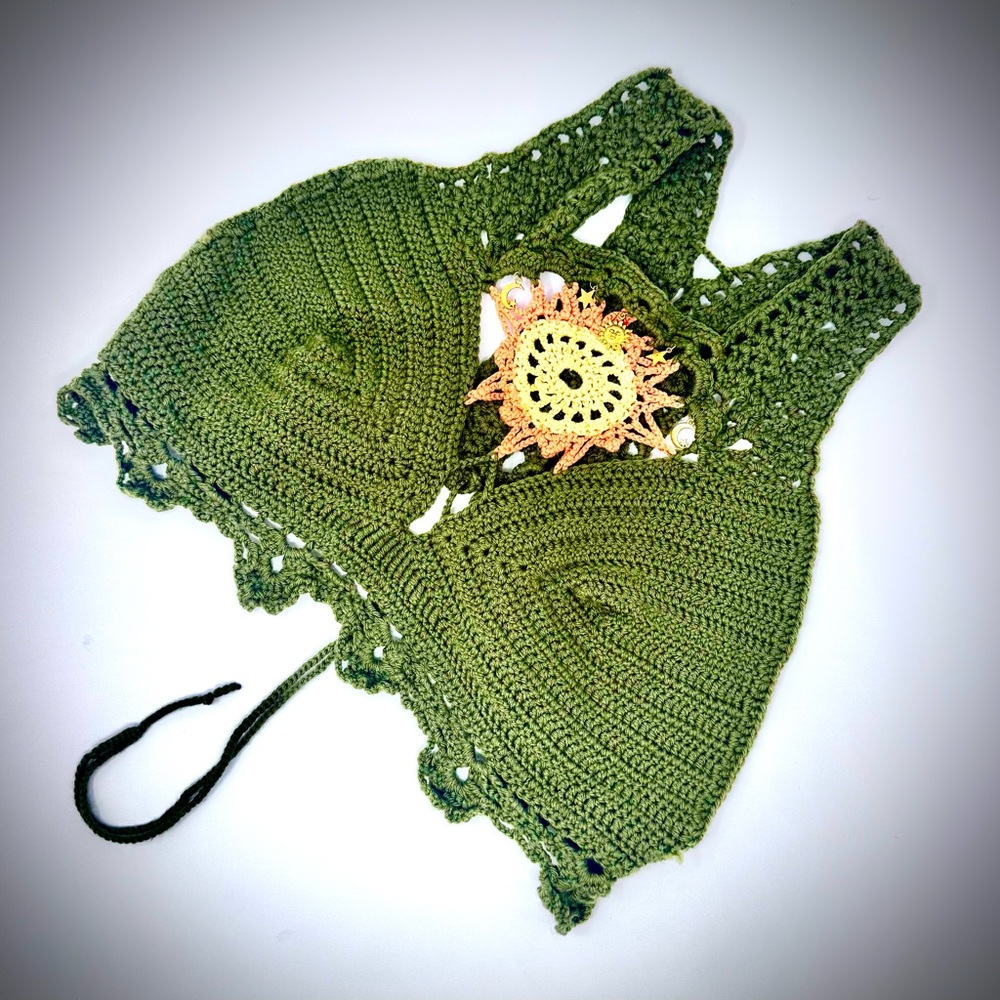 Never worn! Handmade Olive Green Crochet Crop Top with Sun Accent